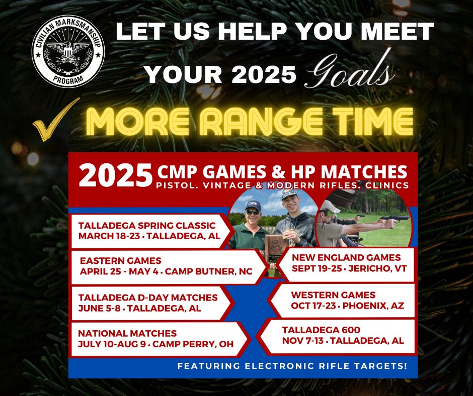 What is your New Year's Resolution??
We hope it includes MORE RANGE TIME!! Check out the 2025 CMP Travel Games and National Match schedule below! More details on the CMP website at thecmp.org/competitions/c… and thecmp.org/cmp-national-m…. We hope to see you on the range in 2025!