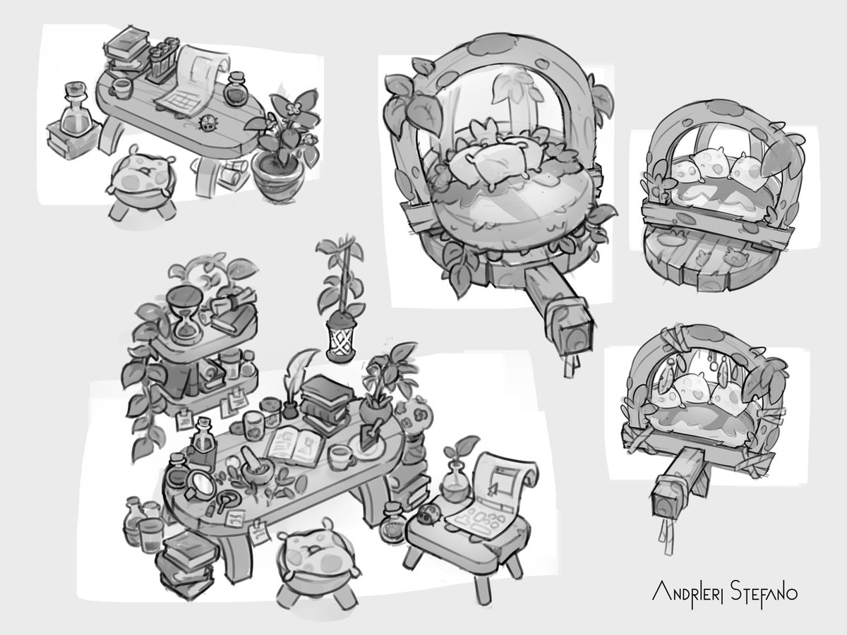 Early sketches for a project I started 2yrs ago. The project was almost finished but it took months, I got burnout and I dropped 😅 I am thinking now to get back into it and finish it!
The project is about the house interior of a pigeon witch/alchemist