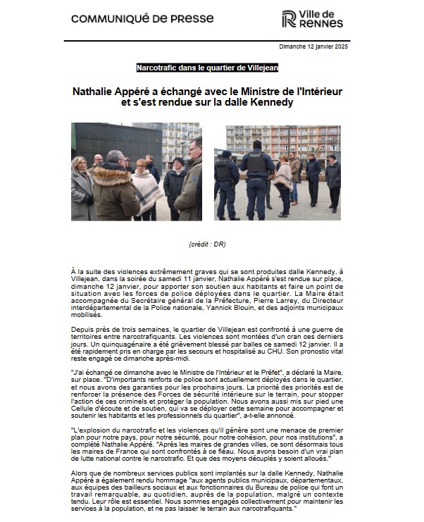 [Communiqué de presse] Nathalie Appéré a échangé avec le Ministre de l'Intérieur et s'est rendue sur la dalle Kennedy