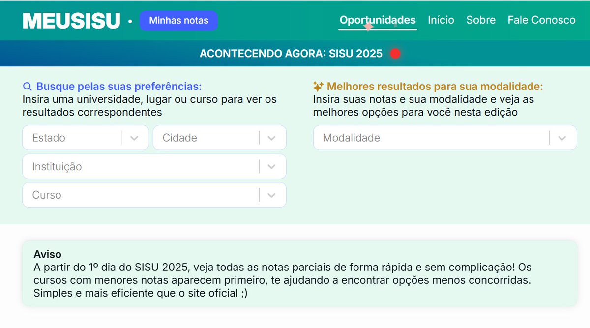 ProfRafaelDuar1's tweet photo. Diga adeus às planilhas e cartilhas sobre SISU. O site gratuito MEUSISU reuniu, a partir dos microdados do ENEM, todas as informações necessárias de inteligência sobre TODAS as faculdades que participam do SISU.

Se liga nessa thread de utilidade pública. ✨ https://t.co/RQidQcTNlB
