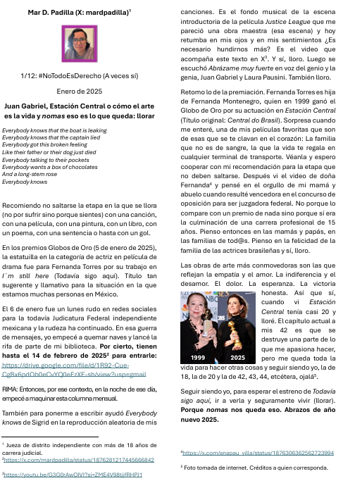 #Domingo 
de #Sismo 
Proyecto de columna mensual para las nuevas rutas de la vida 
Espero que sea de su agrado
Gracias siempre
Compartan RT🥰

1/12: #NoTodoEsDerecho (A veces sí)
Enero de 2025
Juan Gabriel, Estación Central o cómo el arte es la vida y nomas eso es lo que queda:
