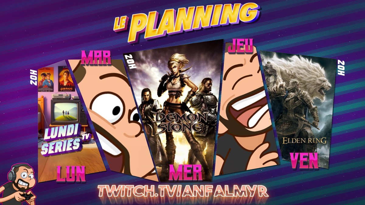 📅 PLANNING DE LA SEMAINE

Début du Live à 20h pour être dans sujet à 21H sûr.

📺Lundi : La Trilogie TV 
🧃 Mardi : Libre
 🕹️Mercredi: Demon Stone | EP01
🧃 Jeudi : Libre
 ⚔️Vendredi: Elden Ring | EP29