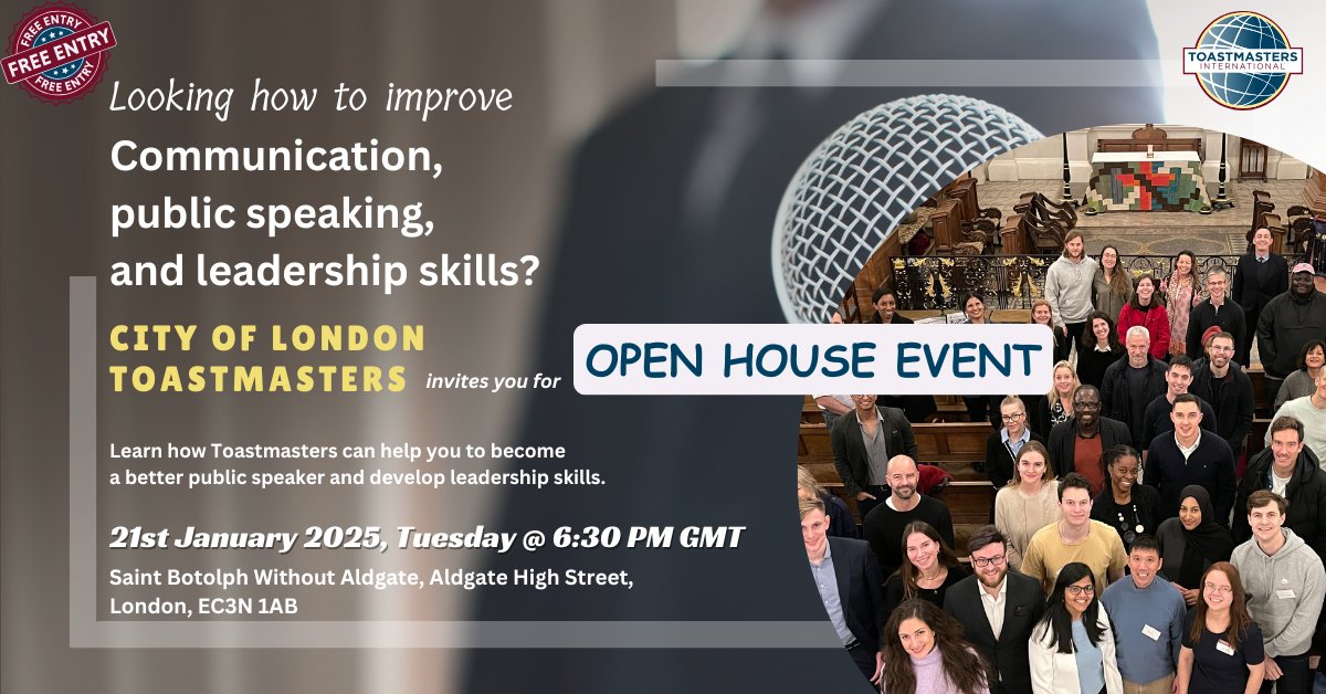 Ready to boost your public speaking, communication, and leadership skills? Join our FREE Toastmasters Open House! 
Book your spot - tinyurl.com/5n94kh7u