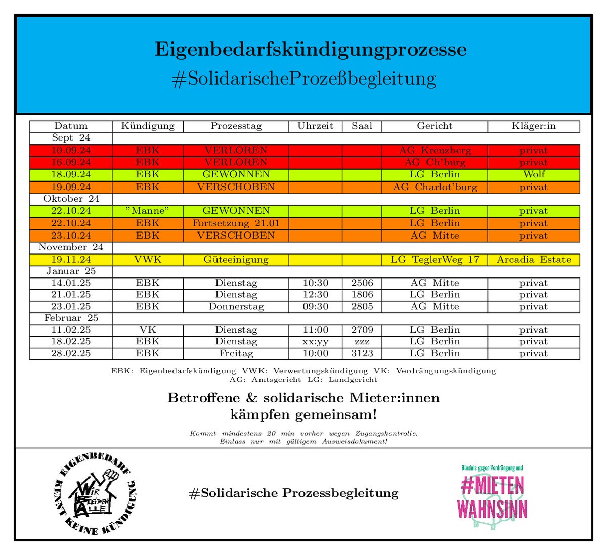 Am kommenden Dienstag wollen wir wieder einen Mieter im Kampf für seine Wohnung &amp; gegen eine #Eigenbedarfskündigung unterstützen. Weitere Termine stehen an. Infomiert eure Freund:innen, Nachbar:innen &amp; Familie. Unterstützen wir uns gegenseitig auch vor Gericht! #B0114
