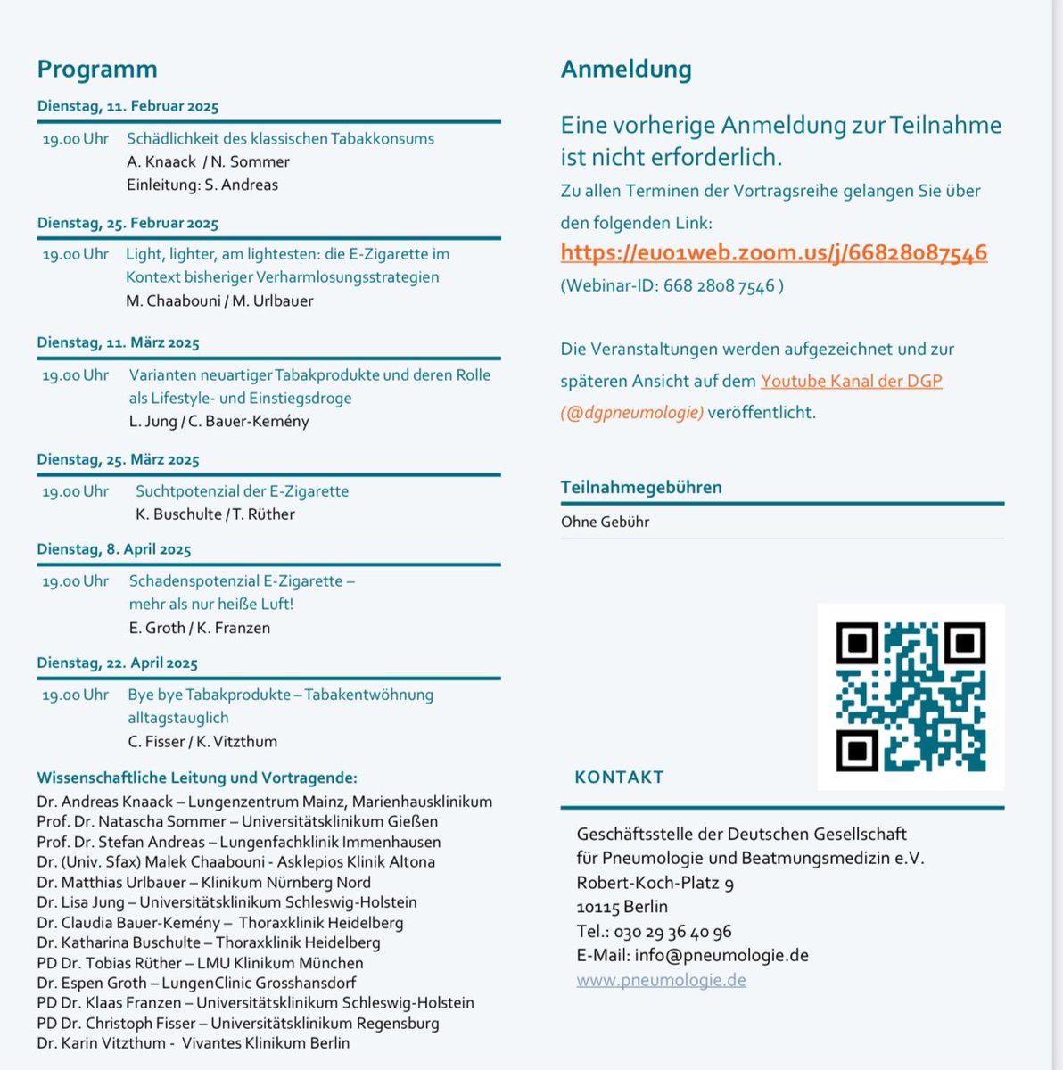 📢 Tolle virtuelle Fortbildungsreihe der Kolleg:innen der <a href="/young_dgp/">YoungDGP</a> : E-Zigaretten im Fokus 🌐

Spannende, brandaktuelle Online-Vortragsreihe:
💬 “Altes Gift in neuen Hülsen? Zwischen Werbeversprechen und Wirklichkeit” 🚬💭

🗓 Februar–April 2025
📍 Online &amp; kostenfrei