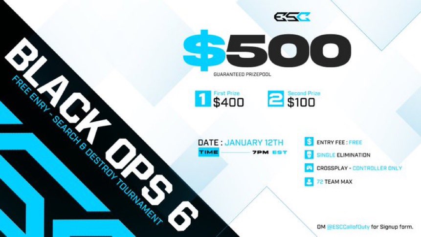 eSports Circuit (@esportscircuit) on Twitter photo 🚨2v2 SnD 1nD #BO6 Tournament🚨
🎟️ - FREE ENTRY
💰 - $500 GUARANTEED
📆 - TODAY - 7pm EST
🎮 - Best of 1
Reply 👇 for signup form, or contact <a href="/ESCCallofDuty/">ESC Call of Duty</a>! 🚨2v2 SnD 1nD #BO6 Tournament🚨
🎟️ - FREE ENTRY
💰 - $500 GUARANTEED
📆 - TODAY - 7pm EST
🎮 - Best of 1
Reply 👇 for signup form, or contact <a href="/ESCCallofDuty/">ESC Call of Duty</a>!