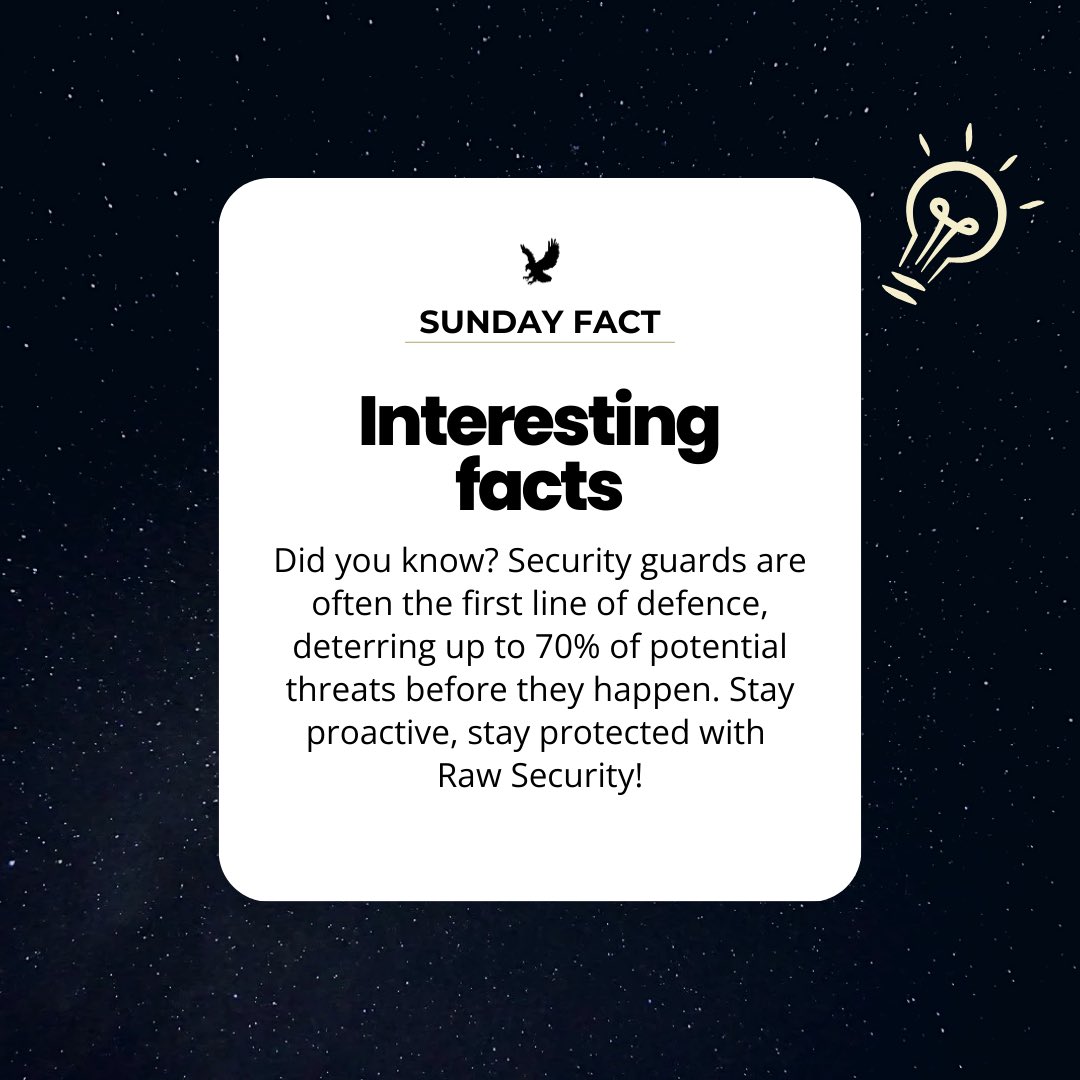irawsecurity's tweet image. Sunday Fact: Did you know? Security guards are often the first line of defense, deterring up to 70% of potential threats before they happen. Stay proactive, stay protected with Raw Security! 

#SafetyFirst #SecurityMatters #RawSecurity