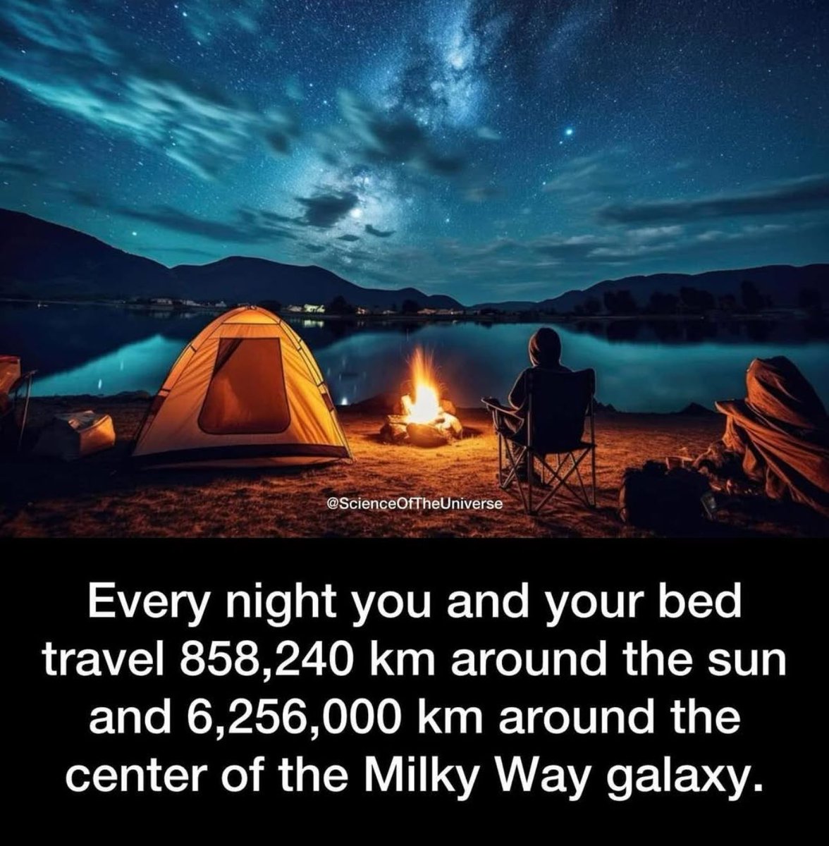 joyfulatheism's tweet photo. Every night you and your bed travel 858.240 km around the sun and 625600 km around the centre of the Milky Way galaxy. https://t.co/h7kbkqfZ7n