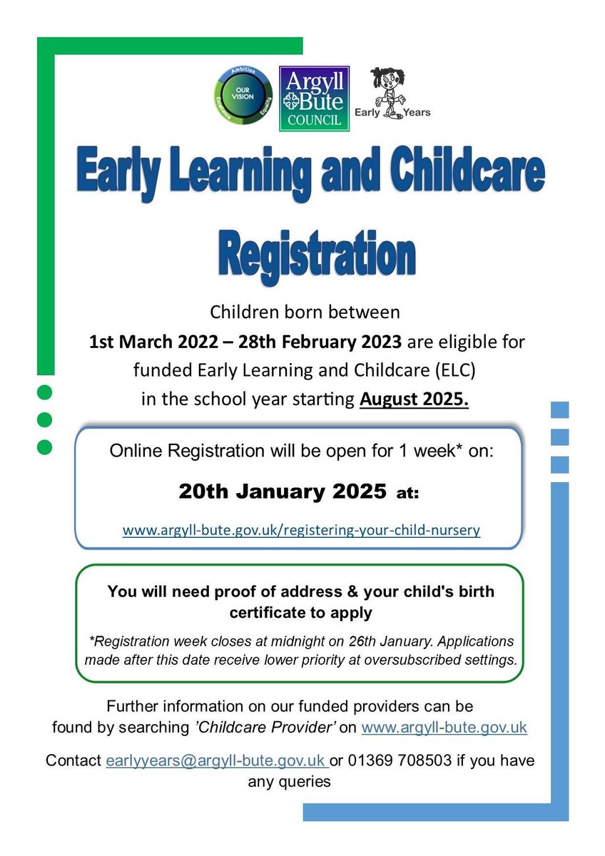 Remember, you can register for EME (English) or GME (Gaelic) Early Learning and Childcare at Sandbank Primary school and ELC 🧸
<a href="/abc_OCTF/">Argyll and Bute Council Education Service</a> 
#gàidhlig