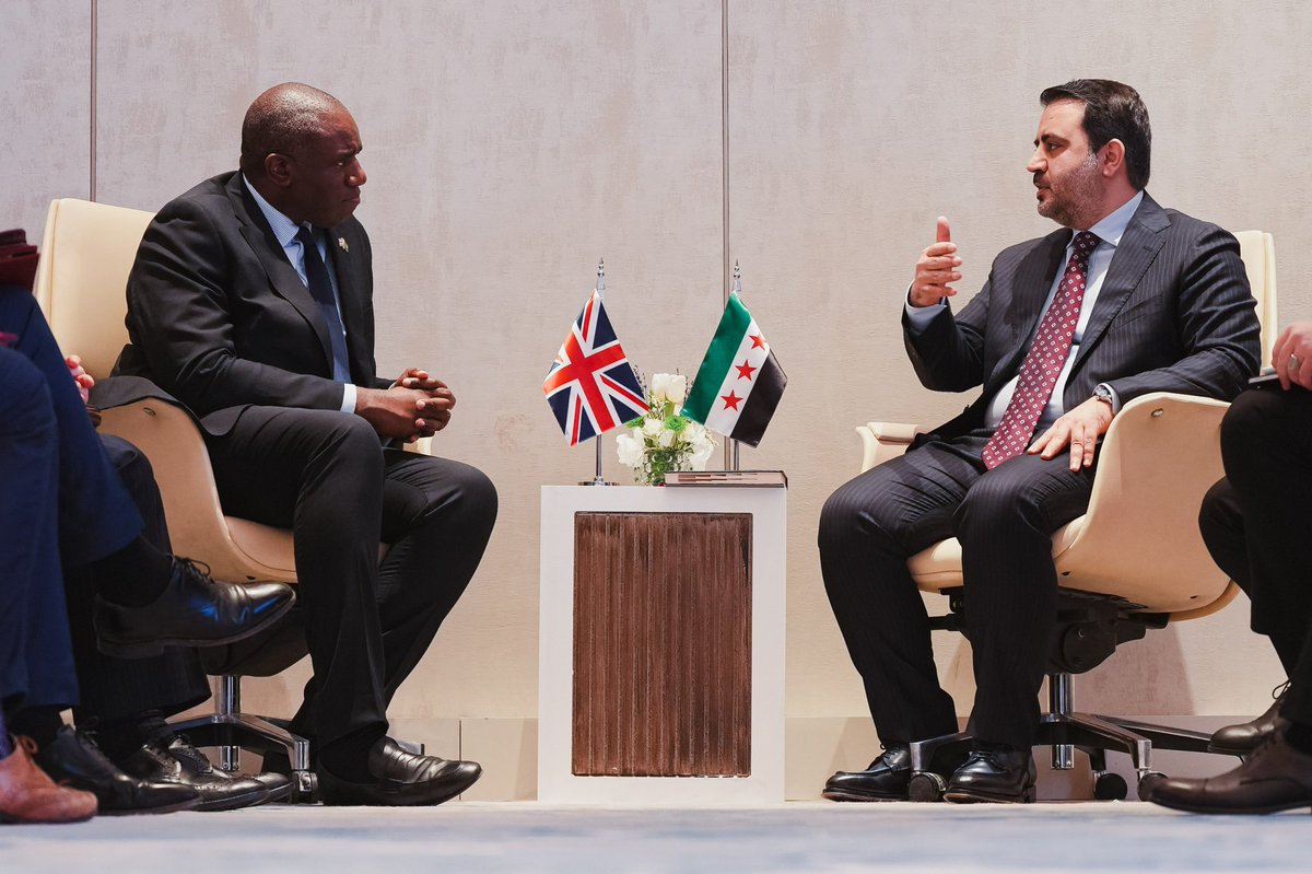 David Lammy (@davidlammy) on Twitter photo Today I discussed the importance of an inclusive political transition and regional security with interim Syrian Foreign Minister <a href="/Asaad_Shaibani/">Asaad Shaibani</a>.
The UK will support Syria’s long-term stability through humanitarian aid and coordination. Today I discussed the importance of an inclusive political transition and regional security with interim Syrian Foreign Minister <a href="/Asaad_Shaibani/">Asaad Shaibani</a>.
The UK will support Syria’s long-term stability through humanitarian aid and coordination.