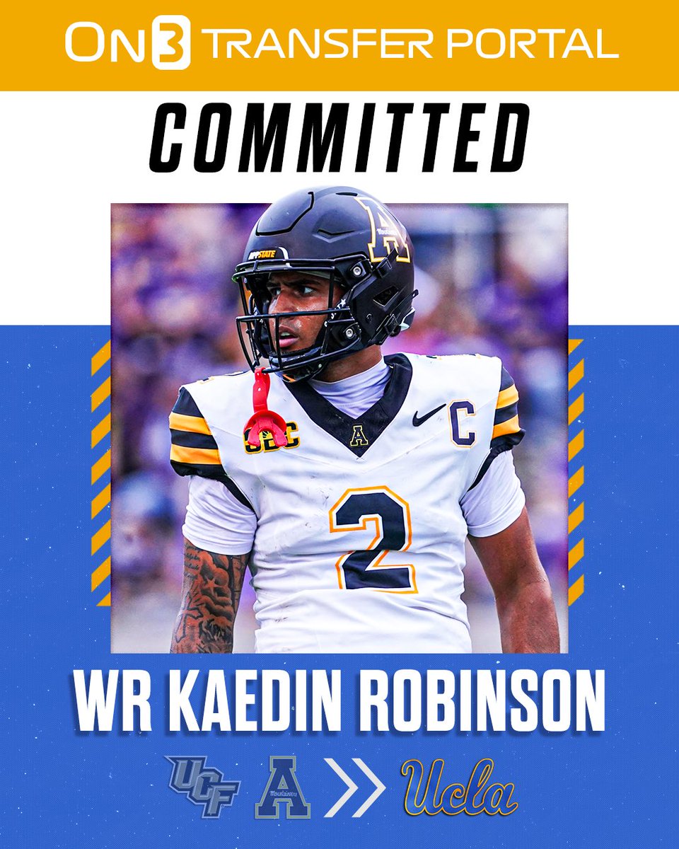 Transfer Portal (@transferportal_) on Twitter photo BREAKING: App State transfer WR Kaedin Robinson has signed with UCLA, <a href="/PeteNakos_/">Pete Nakos</a> reports🐻
Robinson recorded 840 receiving yards and 2 touchdowns this season.
on3.com/college/ucla-b… BREAKING: App State transfer WR Kaedin Robinson has signed with UCLA, <a href="/PeteNakos_/">Pete Nakos</a> reports🐻
Robinson recorded 840 receiving yards and 2 touchdowns this season.
on3.com/college/ucla-b…