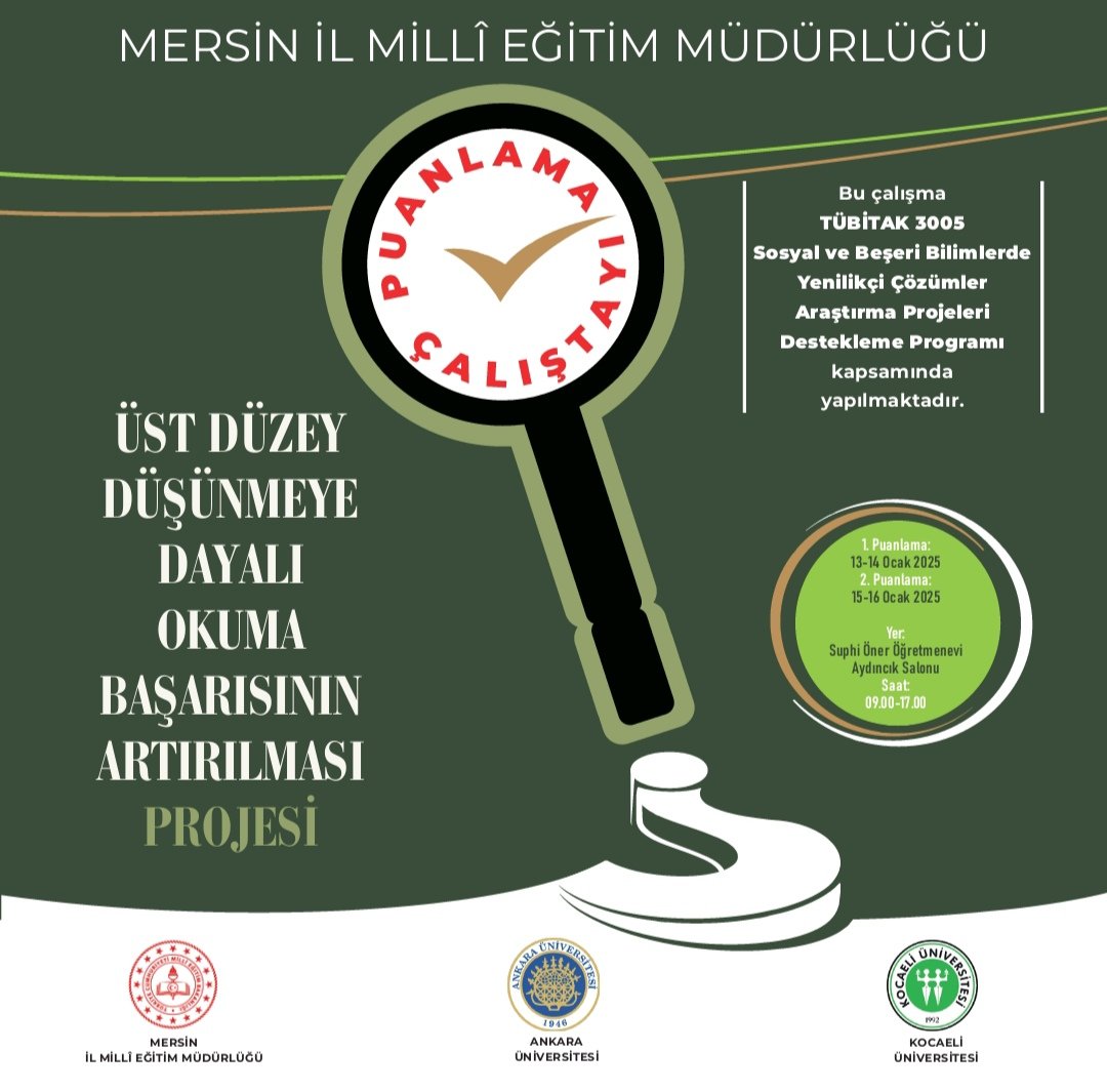 Mersin İl Millî Eğitim Müdürlüğü (@mersinmem) on Twitter photo Müdürlüğümüz bünyesinde TÜBİTAK 3005 desteğiyle yürütülen Üst Düzey Düşünmeye Dayalı Okuma Başarısının Geliştirilmesi Boylamsal Çalışma Projesi kapsamında uygulanan başarı testinin çalıştayı 13 Ocak 2025 Pazartesi başlıyor.
<a href="/tcmeb/">Millî Eğitim Bakanlığı</a>
<a href="/Yusuf__Tekin/">Yusuf Tekin</a>
<a href="/ahpehlivan53/">Ali Hamza Pehlivan</a>
<a href="/fazilet_durmus/">Fazilet Öğretmen 🇹🇷</a> Müdürlüğümüz bünyesinde TÜBİTAK 3005 desteğiyle yürütülen Üst Düzey Düşünmeye Dayalı Okuma Başarısının Geliştirilmesi Boylamsal Çalışma Projesi kapsamında uygulanan başarı testinin çalıştayı 13 Ocak 2025 Pazartesi başlıyor.
<a href="/tcmeb/">Millî Eğitim Bakanlığı</a>
<a href="/Yusuf__Tekin/">Yusuf Tekin</a>
<a href="/ahpehlivan53/">Ali Hamza Pehlivan</a>
<a href="/fazilet_durmus/">Fazilet Öğretmen 🇹🇷</a>
