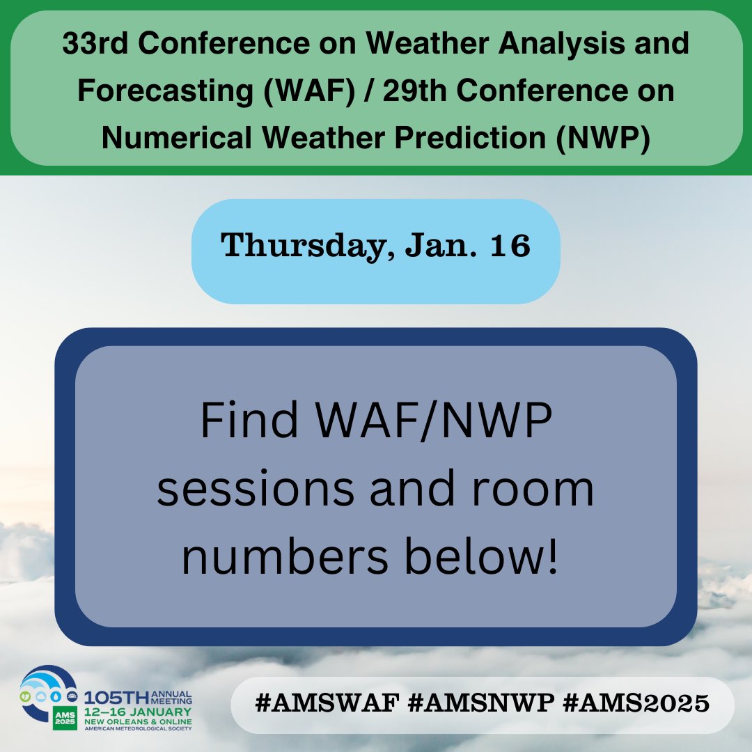 AMS_WAF's tweet photo. ‼️ Find your Thursday, FINAL DAY #AMSWAF / #AMSNWP session & poster schedule here in this thread for #AMS2025 ‼️
If you’re presenting during one of these times, quote the image and share more about your research! Don’t forget to use our hashtags! 👇⬇️ https://t.co/AlNkIT6Nee