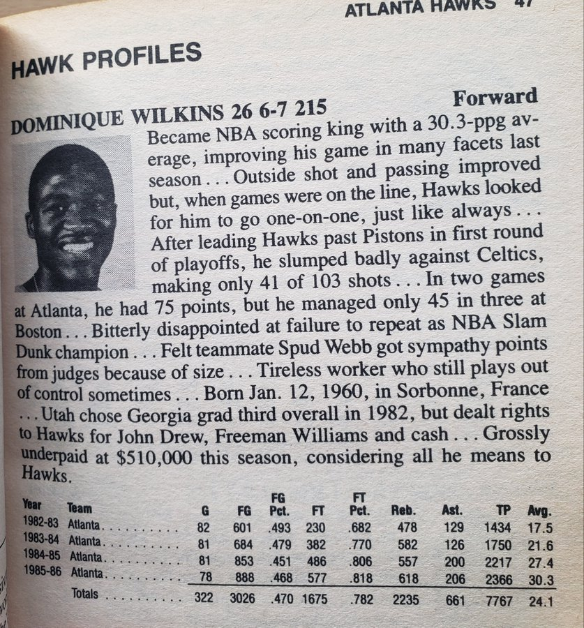 HoopsAnalyst's tweet photo. Hollander POTD Dominique Wilkins. Dunking SF from GA drafted 3rd. Made immediate impact as scorer for ATL. Peaked at 30.7 ppg in 87-88+scored 25.9 + ppg from 84-94. Traded by ATL to LAC in 94 in a sad deal. He played out string w/BOS,SA, ORL+ Europe til 99. Made HOF. Underrated. https://t.co/AbGqjY4IhI