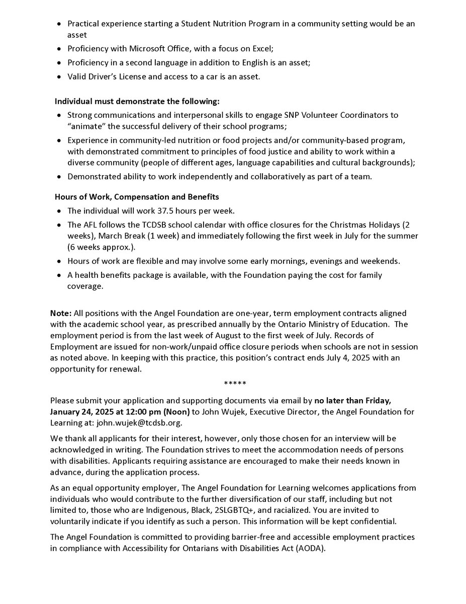 The Angel Foundation (@afltoronto) on Twitter photo AFL is hiring a student nutrition program officer. Please submit your application and supporting documents via email by no later than Friday, January 24, 2025 at 12:00 pm (Noon) to John Wujek, Executive Director, the Angel Foundation for Learning at: john.wujek@tcdsb.org. AFL is hiring a student nutrition program officer. Please submit your application and supporting documents via email by no later than Friday, January 24, 2025 at 12:00 pm (Noon) to John Wujek, Executive Director, the Angel Foundation for Learning at: john.wujek@tcdsb.org.