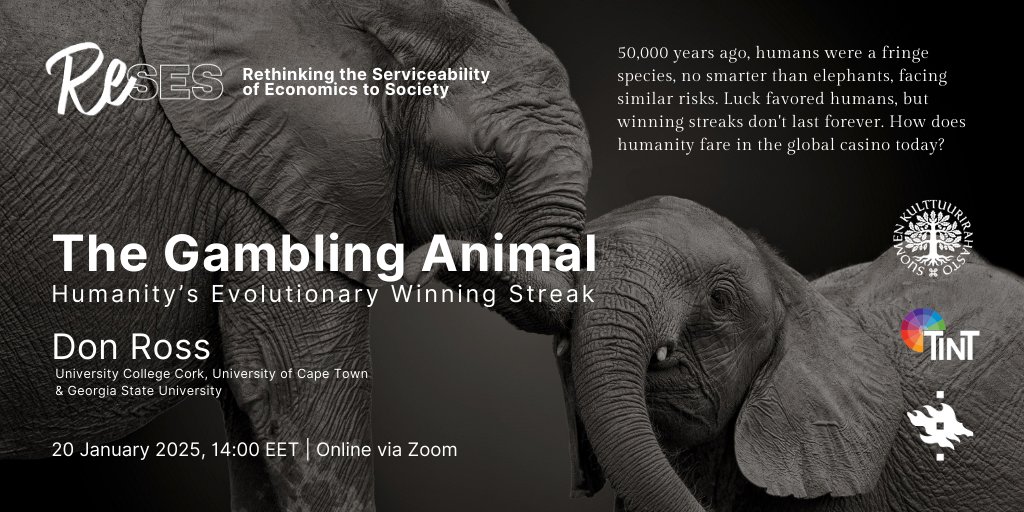 ReSESargumenta's tweet image. Why do humans take risks that no other species would dare? How did our ancestors’ gambles shape our evolution? And could the very trait that made us dominant on Earth now lead to our downfall? Curious? Don't miss Don Ross' talk on Jan 20! reses-argumenta.fi/?p=1126