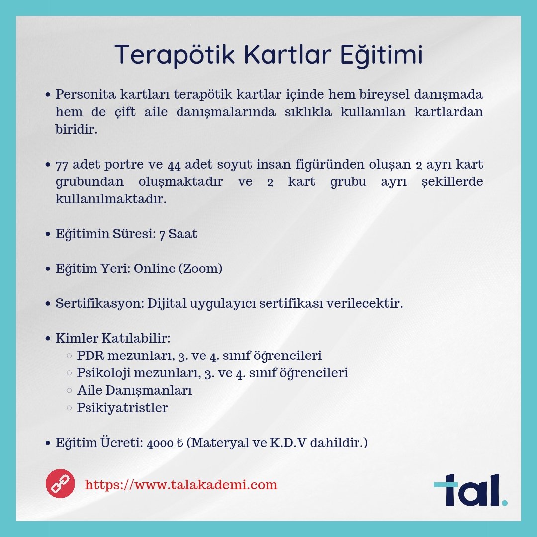 TalAkademi's tweet photo. Terapötik Kartlar Eğitimimiz başvuruya açılmıştır. 
Detaylı bilgi ve başvuru için web sayfamızı ziyaret edebilirsiniz ➡️ https://t.co/kWTV3K8cV3 
@DurmusUmmet
.
.
#pdr #Psikoloji #psikolojikdanışmanlık #terapieğitimi #terapi #Eğitim #talakademi https://t.co/8w43AZDspA