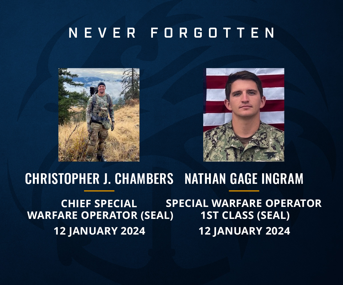 NavySEALfnd's tweet photo. Today, we honor and remember Chief Special Operations (SEAL) Christopher J. Chambers and Special Warfare Operator 1st Class (SEAL) Nathan Gage Ingram, who were killed in action on January 12 2024.

#NavySEALFoundation https://t.co/ZEYKQ8swR7