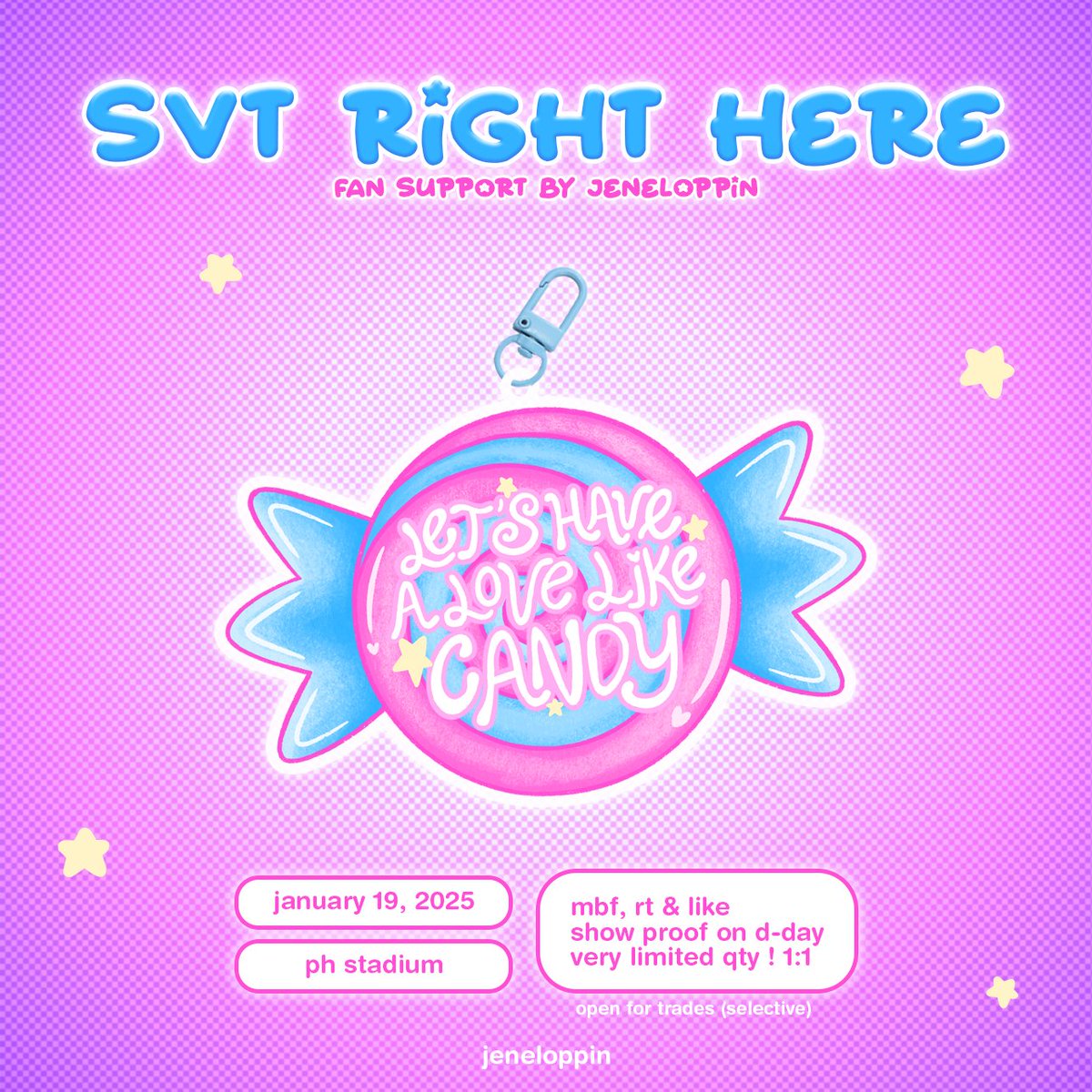 jeneloppin's tweet photo. seventeen right here in bulacan
𓂃۶ৎ fan support by @jeneloppin ᡣ𐭩₊˚.⋆⁺₊

candy keyring <3

🍬 jan 19, day 2
🍭 strictly 1:1 (vv limited)
🍥 mbf, rt &amp; like

#SVT_RIGHT_HERE_IN_BULACAN 
#SEVENTEEN_RIGHT_HERE_IN_BULACAN https://t.co/zOIPamYsH9