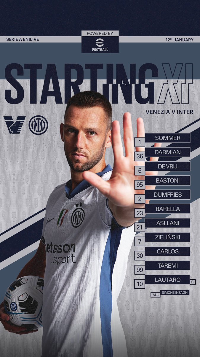 InterClub1908's tweet image. #INTER (3-5-2): 1 Sommer; 36 Darmian, 6 de Vrij, 95 Bastoni; 2  Dumfries, 23 Barella, 21 Asllani, 7 Zielinski, 30 Carlos Augusto; 99  Taremi, 10 Lautaro.
All.:Inzaghi
Formazione ufficiale @Inter di #VeneziaInter @SerieA
#SerieA #SerieATIM
SEMPRE #FORZAINTER #AMALA!!!
💪🏻⚫🔵🖤💙🐍