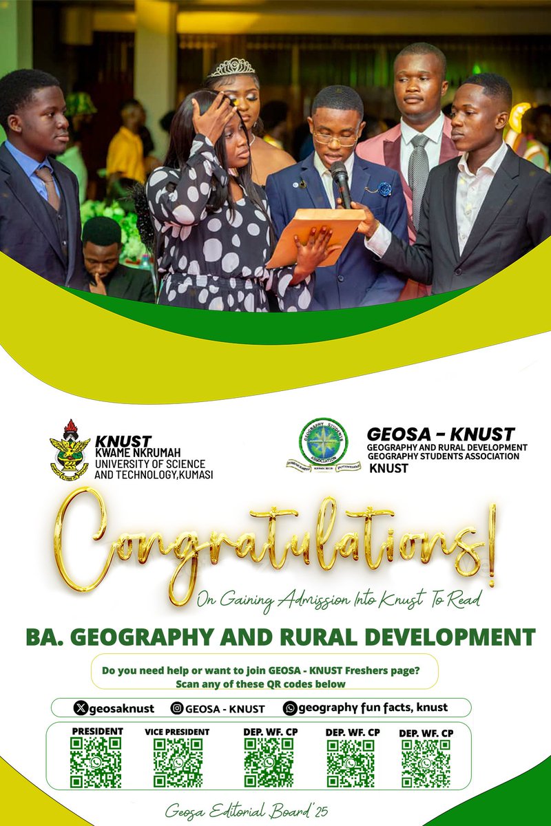 Jnr_Scarce's tweet photo. "Congratulations🎊🎊 GEOGRAPHERS 

We're thrilled to announce your admission into KNUST.

Kindly contact our  Esteemed executives for further assistance. Expect guidance, support, and vital updates.

Stay connected, ask questions, and let's navigate this exciting journey together https://t.co/ukkkDARB7q
