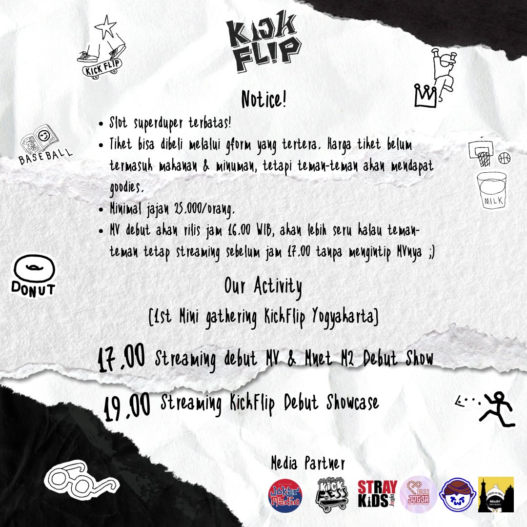 🛹Flip it, Kick it! KickFlip Debut Celebration with KickFlip Yogyakarta @kickflip_yk 🛹

📅 Date: Mon, 20 Jan 25
⏰ Time: 17.00 - 21.00 WIB
🎫 HTM 15K
🔗 s.id/kfpykdebut
📍 Place: Balcos. co Nologaten, Jogja

Details check on poster!