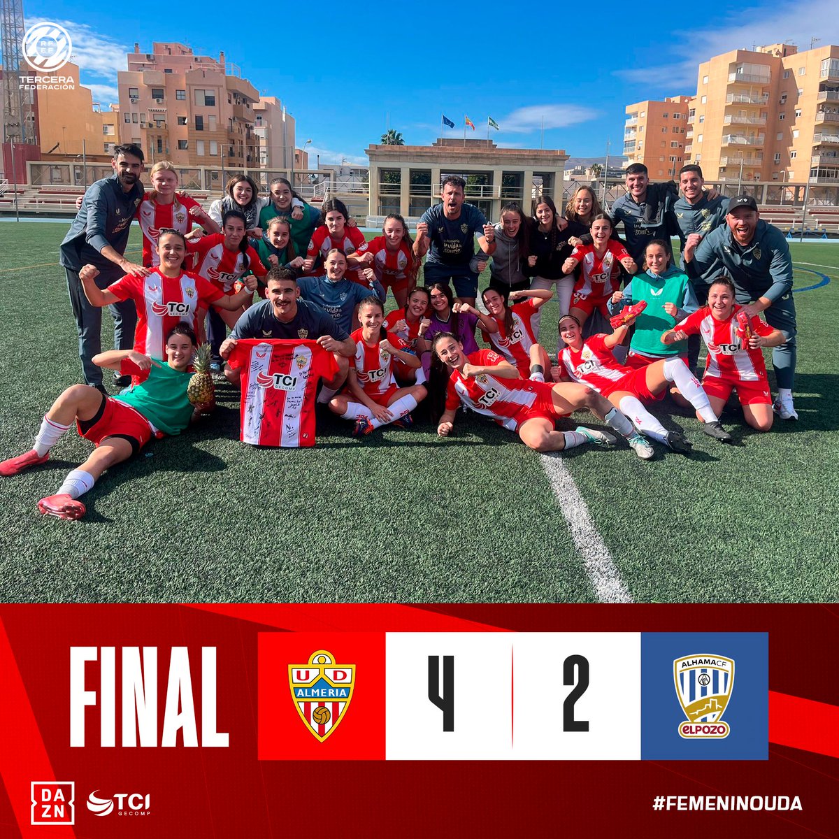 FemeninoUDA's tweet photo. 🔚 Final del partido

➡️ #FemeninoUDA 4-2 @AlhamaElPozo 'B'
⚽️⚽️ Paqui
⚽️ Gisela
⚽️ Liubov

¡Victoria con una gran remontada! ✅

#VamosFemeninoUDA 🔴⚪️ https://t.co/BqUcCtmmmJ