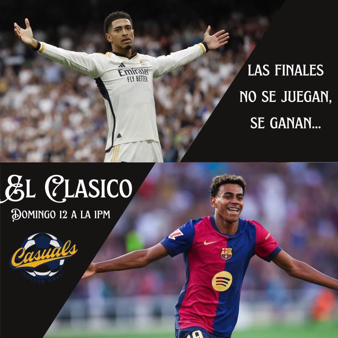 ¡No te pierdas el mejor espectáculo del fútbol! ⚽🔥 Ven a disfrutar del Clásico hoy a la 1:00 PM en Casuals. ¡Te esperamos para vivir la emoción juntos! 🙌🏟️