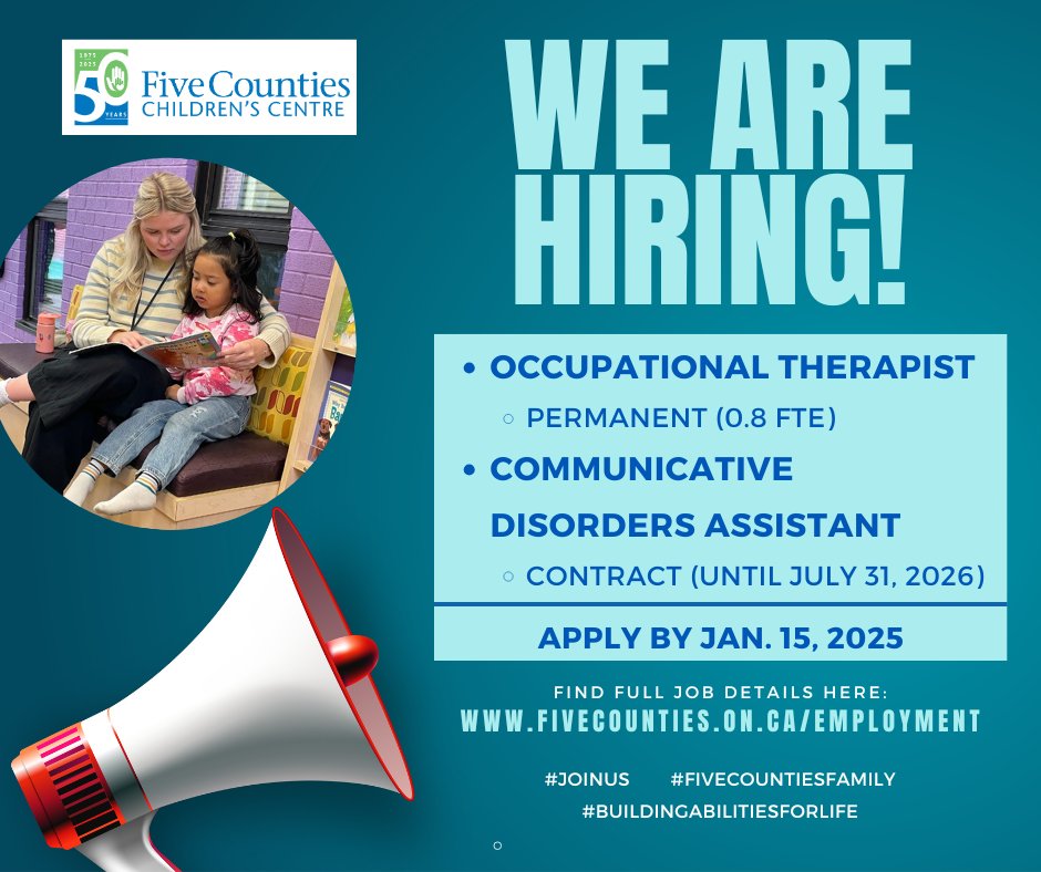 5CountiesKids's tweet photo. Join our #FiveCountiesFamily – Join our team as we have openings for #OccupationalTherapist and #CommunicativeDisordersAssistant in our #Peterborough site. Join our amazing team of clinicians in #BuildingAbilitiesForLife for kids + families!

▶️ https://t.co/Tiu5k1u2fQ https://t.co/MgCglq6AlE