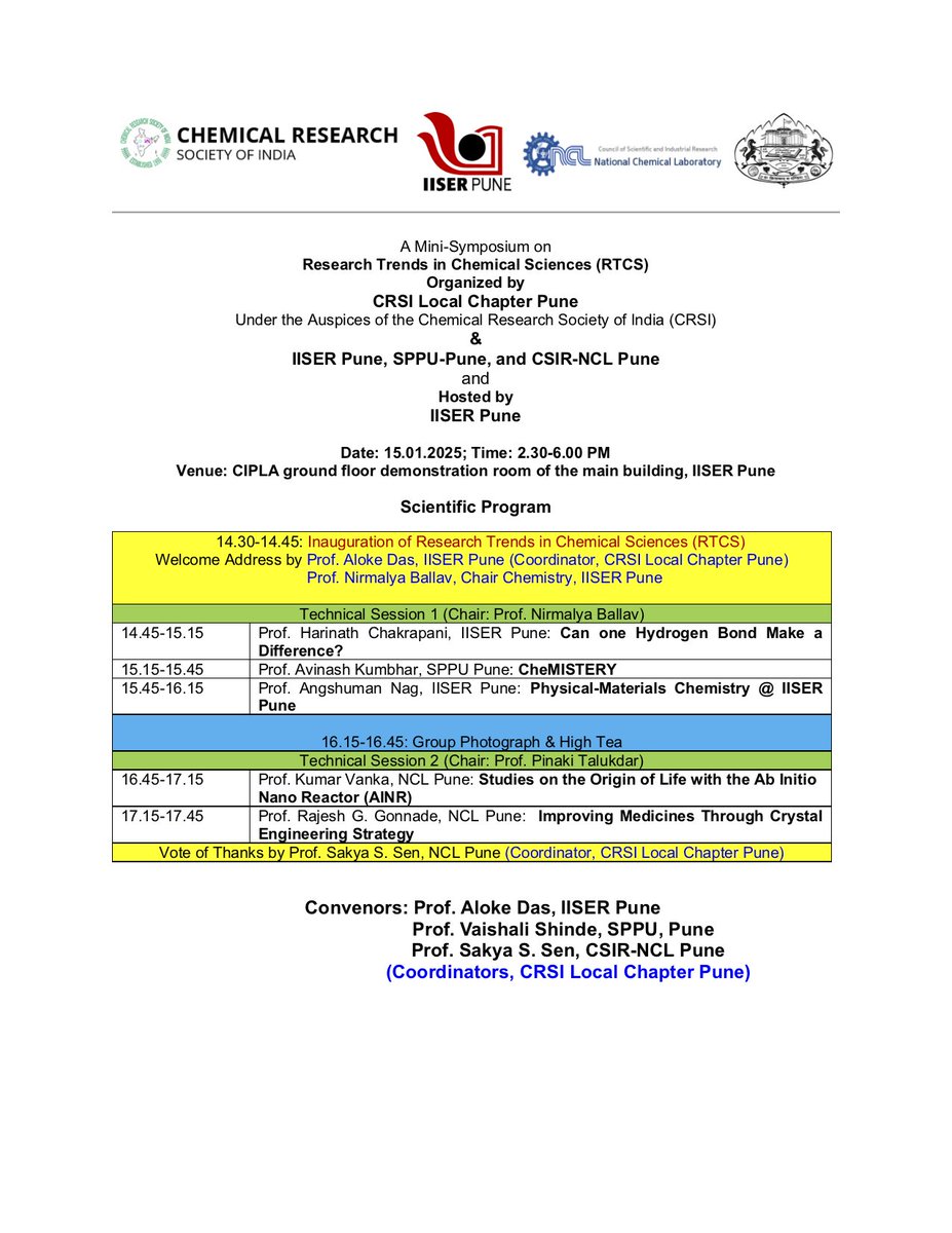 CRSI Local Chapter, Pune organizes a half-day symposium on Jan 15, 2025 at IISER Pune featuring five inspiring lectures to inspire young students from colleges across Pune. Let's ignite curiosity! <a href="/ChemResSocIndia/">Chemical Research Society of India (CRSI)</a> <a href="/maitrau/">Uday Maitra</a> <a href="/sakya_sen/">Sakya S. Sen</a> <a href="/IISERPune/">IISER Pune</a> <a href="/aloke_pune/">Aloke Das</a> #CRSI
