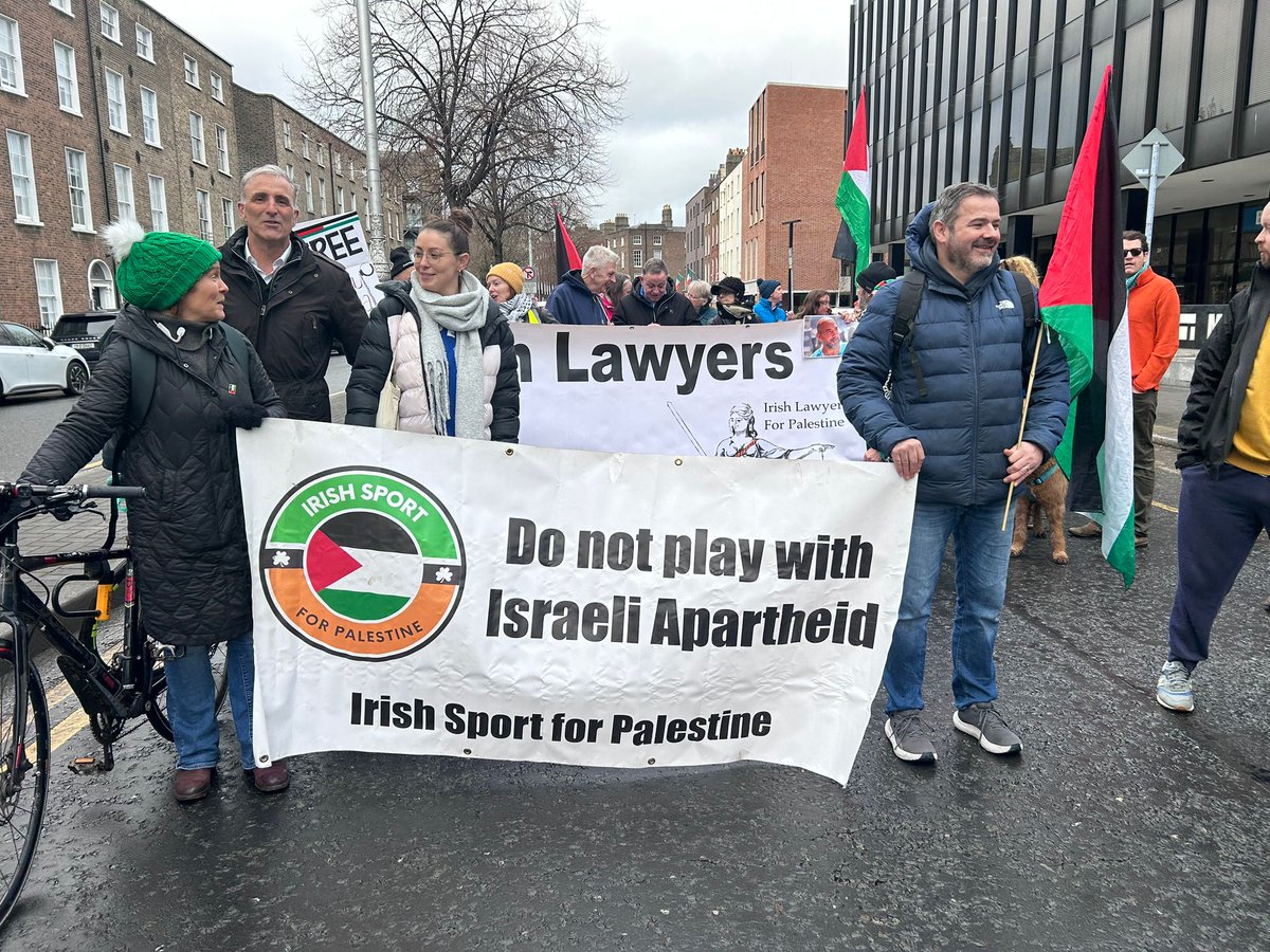 Sport4Palestine's tweet photo. Dublin yesterday where people took to the streets to demand the release of Dr Hussam Abu Safiya and the other 450 healthcare workers taken by force from hospitals across Gaza by Israel.

STOP BOMBING HOSPITALS. 

Israel is a terror state. Sanctions Now. #redcardisrael https://t.co/cCig5wsytZ