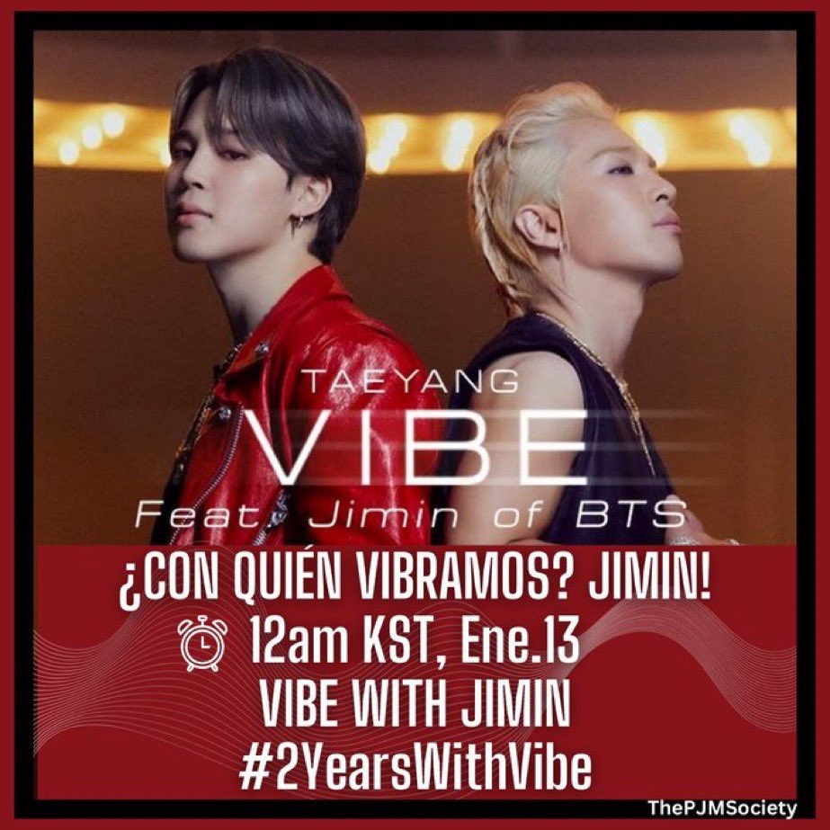 ✨😎 VIBE 2do ANIVERSARIO😎✨

¡Celebra el segundo aniversario de "Vibe", la icónica colaboración de Jimin y Taeyang!🎶

📆 Ene 13, 12 AM KST

💭¿Cómo vibrarías con Jimin si tuvieras la oportunidad?💥🤟🏻🥂

Comparte con nosotros usando el hashtag y  palabras clave en el póster 💛