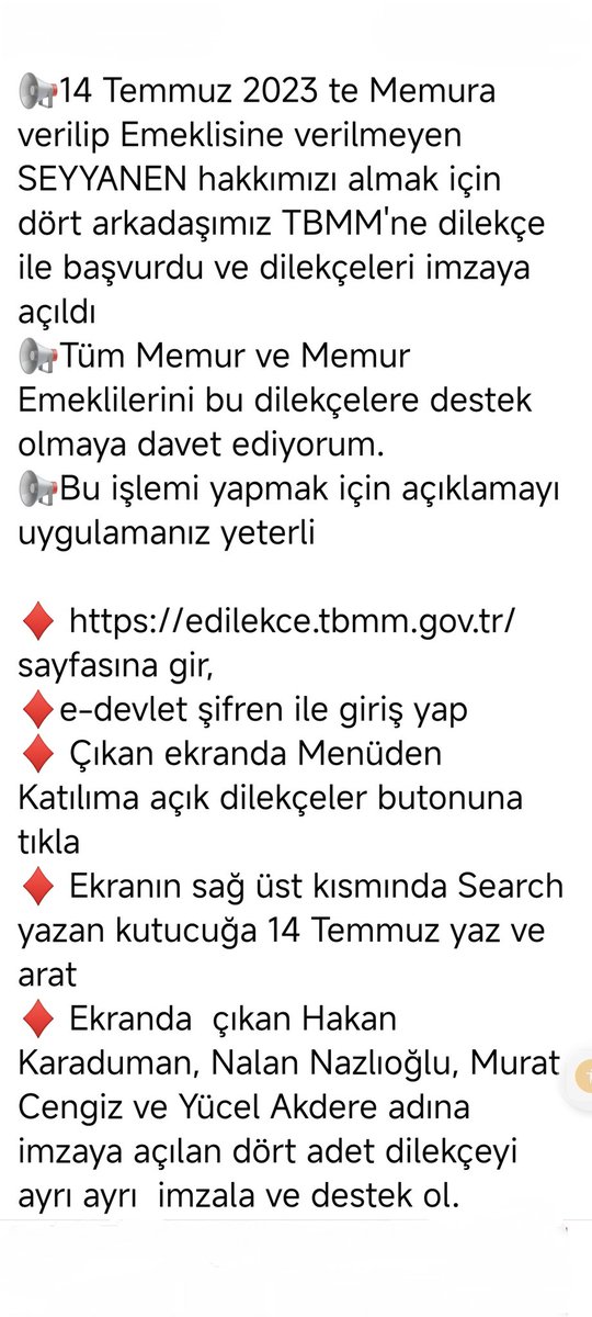 Baktık ki sizden biz #EmekliMemur lara 19 aydır hayır yok. Biz de kendi göbek bağımızı kendimiz keselim dedik. Bakalım TBMM Dilekçe Komisyonuna verdigimiz imza kampanyamıza destek verecek misiniz?
<a href="/_aliyalcin_/">Ali YALÇIN</a>
<a href="/MemurSenKonf/">Memur-Sen</a> 
<a href="/emekli_memursen/">Emekli Memur-Sen</a>
<a href="/Kamu_Sen/">Türkiye Kamu-Sen</a>
<a href="/OnderKahveci/">Önder Kahveci</a>
<a href="/KESK1995/">KESK</a>