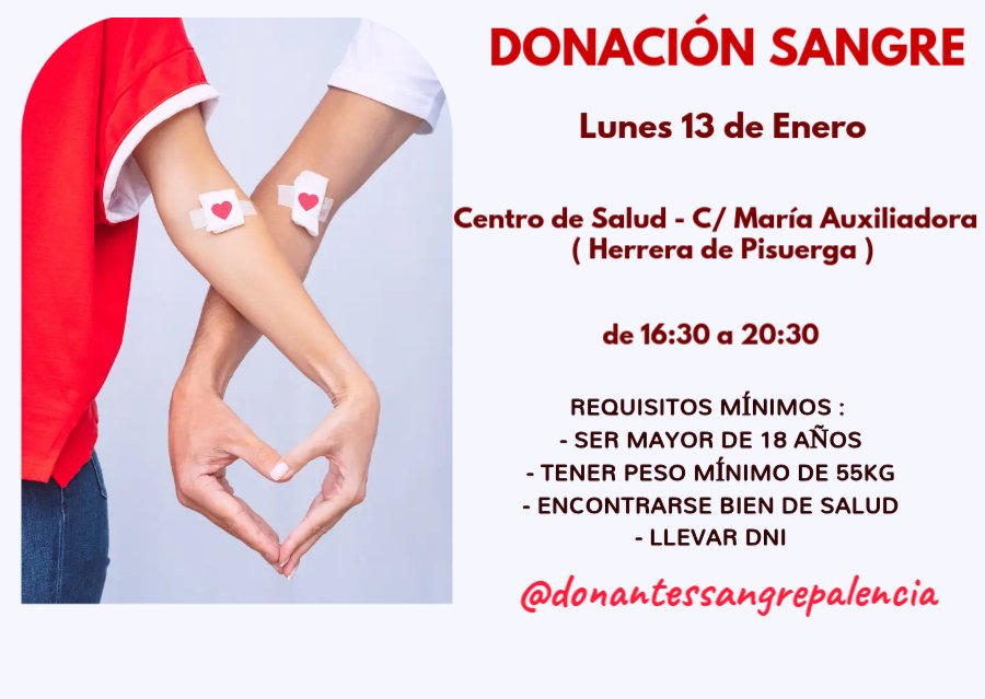 donantes_sangre's tweet photo. 🩸#DONASANGRE 
📅 Lunes 13 de Enero
📍 Herrera de Pisuerga (Centro de Salud) 
⏱️ 16:30h a 20:30h
💳 Llevar DNI https://t.co/kt8xhKfrj5