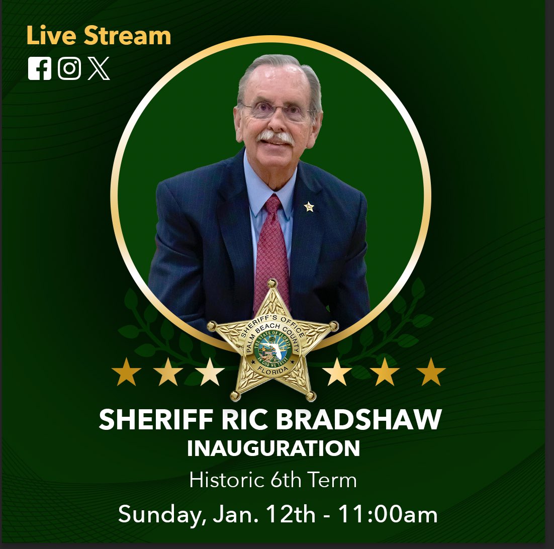 PBSO (@pbcountysheriff) on Twitter photo Future in the making! Join us today at 11:00 AM as Sheriff <a href="/RicBradshaw/">Sheriff Ric Bradshaw</a> is sworn in for his sixth term, becoming Palm Beach County’s longest-serving sheriff. The ceremony will take place at Commons Park in the Village of Royal Palm Beach. You can watch the ceremony live here Future in the making! Join us today at 11:00 AM as Sheriff <a href="/RicBradshaw/">Sheriff Ric Bradshaw</a> is sworn in for his sixth term, becoming Palm Beach County’s longest-serving sheriff. The ceremony will take place at Commons Park in the Village of Royal Palm Beach. You can watch the ceremony live here