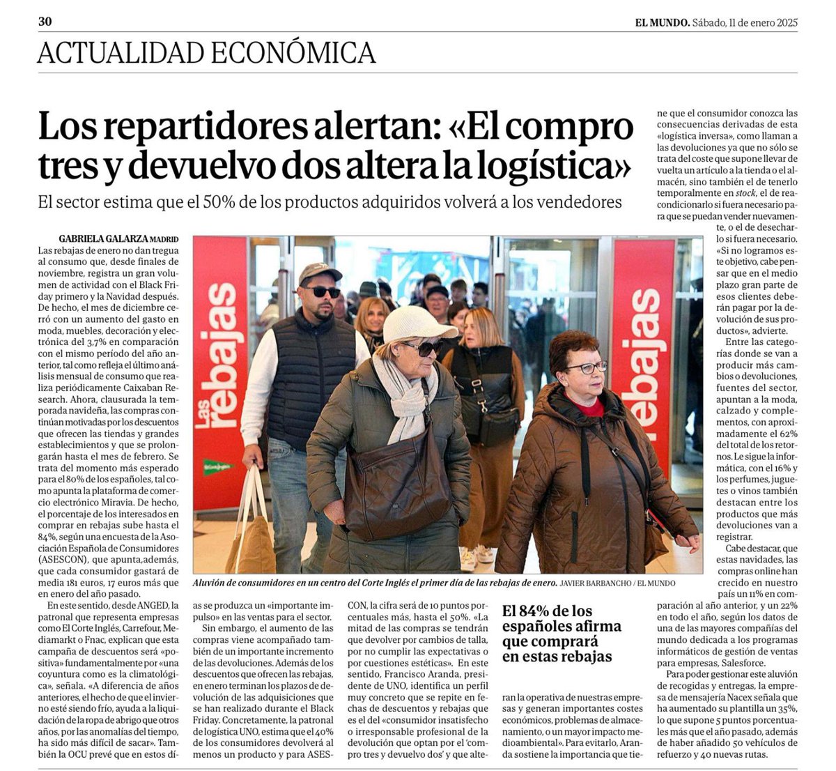 📰Comparto este artículo de <a href="/elmundoes/">EL MUNDO</a>, en el que analizo cómo afecta a la #logística el aumento masivo de las #devoluciones durante las #rebajas. 

🗣️El alto volumen de devoluciones genera costes y complejidades que, si no se gestionan adecuadamente, podrían llevar a que los