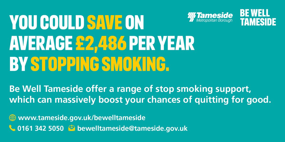 Calling all Tameside residents and workers who smoke📢

You could be saving on average £2,486 per year just by quitting smoking.

For support in stopping smoking visit👇
tameside.gov.uk/bewelltameside