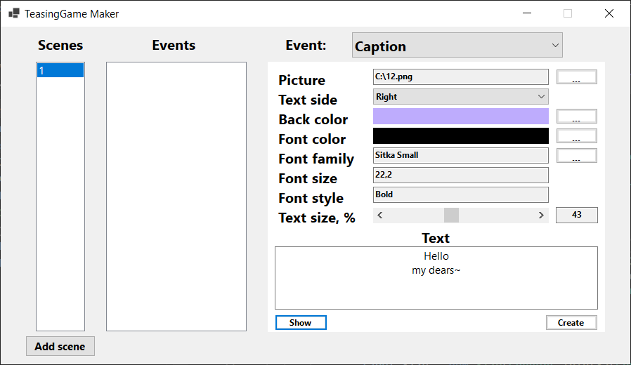Anutasissy's tweet photo. What creating a caption in TeasingGame Maker looks like so far. The second picture shows the result of pressing the Show button, which shows an example of the window. The window size and other properties are set elsewhere. If you have any ideas for improvement, then write to me. https://t.co/vnBTqODxj2