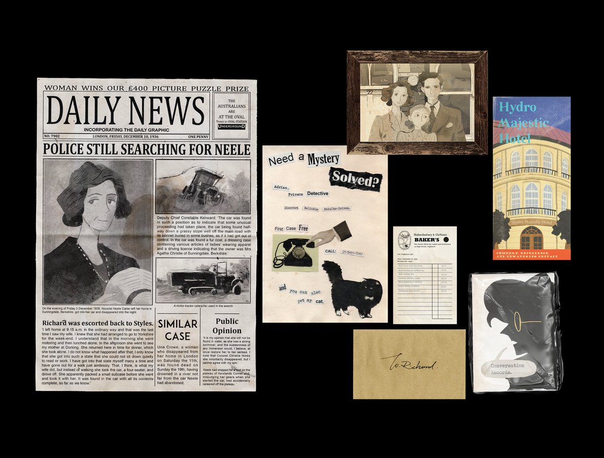 RuiRiell's tweet image. a small project from last term presenting a detective story through fictional investigation files inspired by Agatha Christie's mysterious disappearance in 1926. I'm not entirely satisfied with the outcome so i'm only sharing a few thumbnails🫠