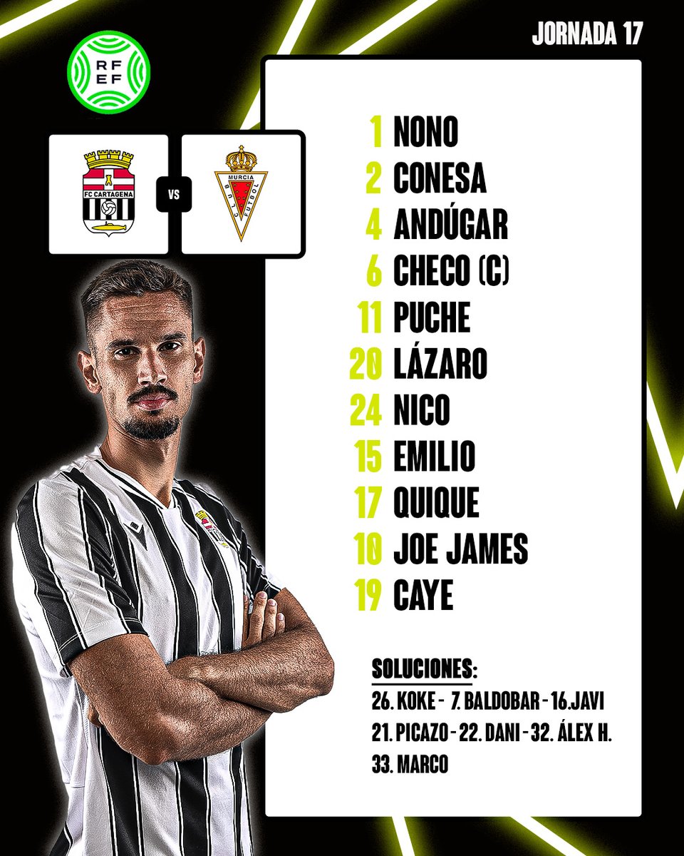 📋 Con este XI afrontamos el derbi frente a <a href="/canteragrana/">Cantera Grana</a> a partir de las 15:45h.

📺youtube.com/live/raqs6XjNv…

#CartagenaBImperial
#TerceraFederación
#CanteraAlbinegra