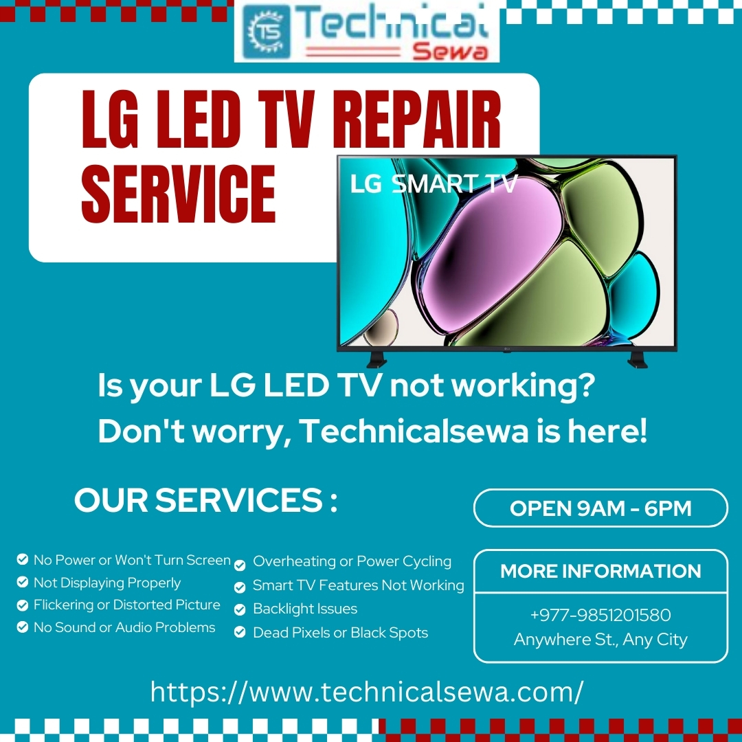 technicals2023's tweet photo. Expert LG LED TV repair – fast, reliable, affordable. Fixing screens, sound, and display issues!

visit : https://t.co/J5Nk97QxIe
contact : +977-9851201580
#LEDTvRepair #TvRepairService #HomeElectronics #TechRepair #AudioVideoRepair #SmartTvFix #TVRepairTips #LEDRepair #HomeTheaterRepair #TVTroubleshooting #QuickRepair #QualityService #AffordableRepair #TechSupport #ScreenFix #TelevisionRepair #ElectronicsRepair #GadgetRepair #CustomerSatisfaction