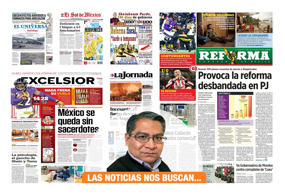 MCasiqueOlivos's tweet image. #LasNoticiasNosBuscan I Buen día. Te comparto las #Portadas de los diarios nacionales de hoy domingo 12 de enero de 2025. Provoca la reforma desbandada en #PoderJudicial. #México se queda #SinSacerdotes. Crecen efectos adversos a #Fármacos para adelgazar. Dicen #Economistas que