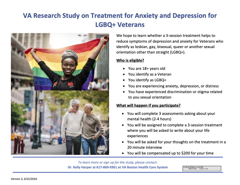 We are recruiting LGBQ+ Veterans in the Boston area for a study testing a brief intervention for anxiety and depression. Please spread the word! 🌈