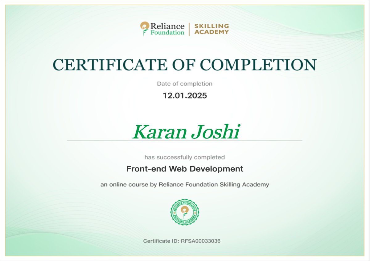 🌟 Proud to Share My New Achievement! 🌟
I’m excited to announce that I’ve successfully completed the Front end web development course by Reliance Foundation Skilling Academy!