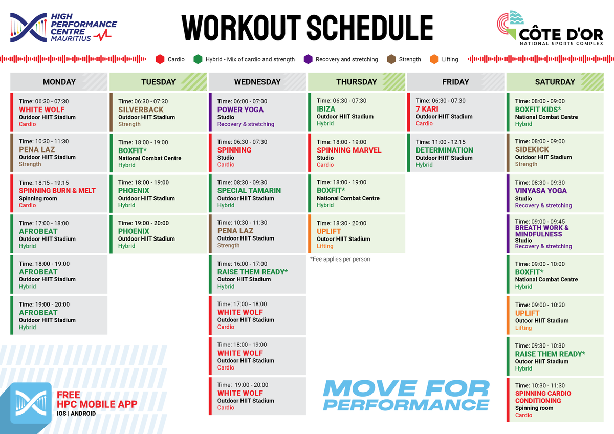 CoteDorSports's tweet photo. 🌟 January 2025 workout schedule! 💪 Kickstart this year with a fitness resolution and take it to the next level! 🔥 Get ready to show up, push harder, and deliver hard-earned results!

#CoteDorMauritius #Mauritius #HPCMauritius #MoveForPerformance #Performance #Fitness #Workout https://t.co/QCpwcjy8Fl