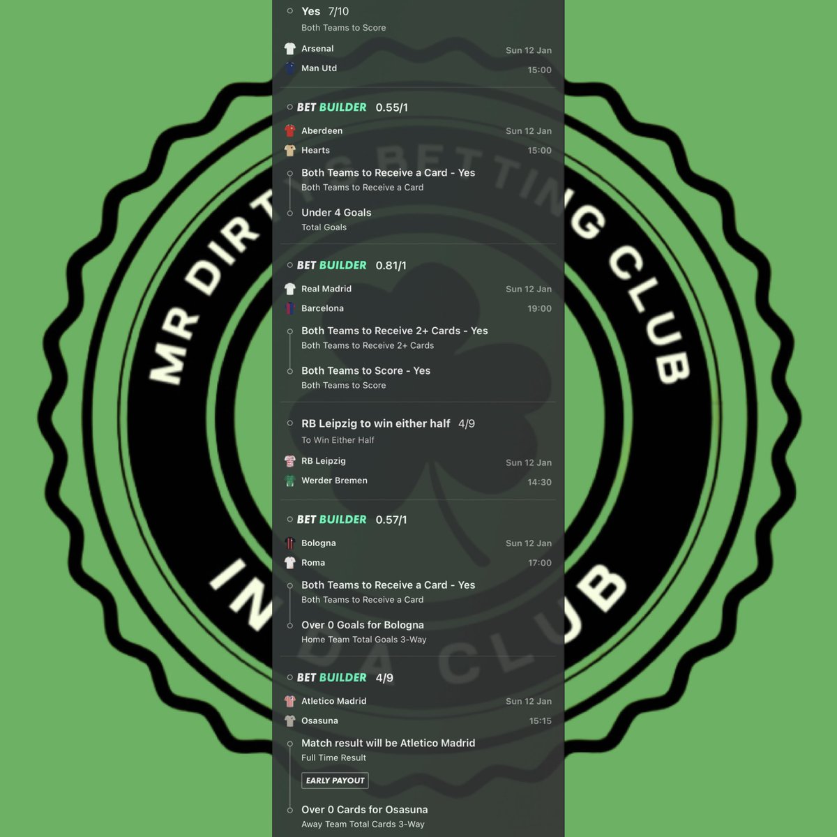 SUNDAY ACCA 🍳

Let’s hope we can have a better day than yesterday and get this all green today ✅

FIRST GAME STARTS - 2:30PM⏰

Will also have bet builders for Arsenal v Man U and the el clásico tonight 👷‍♂️