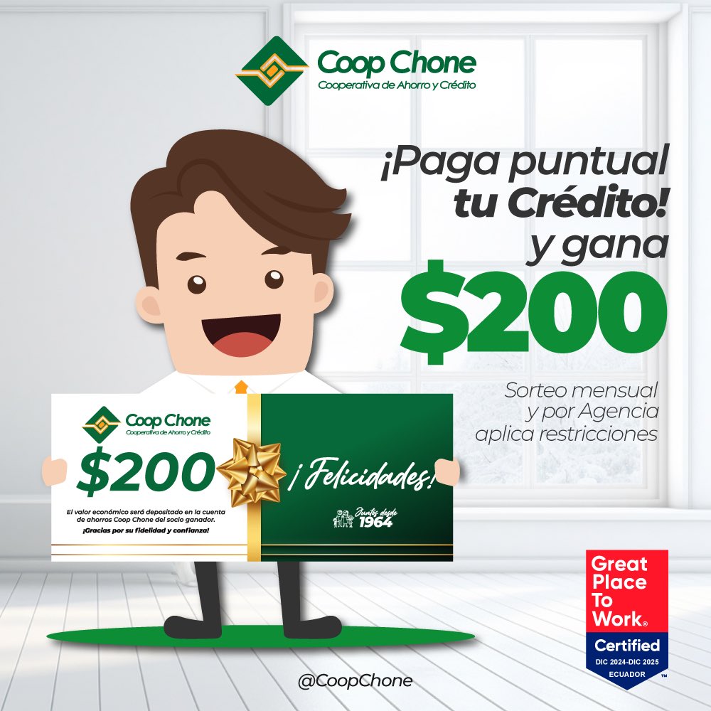 CoopChone's tweet photo. ¡Te premiamos!

Paga a tiempo tú crédito y participa en el sorteo de $200 🥳 mensuales. 
.
.
#PagoPuntual #Crédito #CoopChone https://t.co/MOgQdGW9uy
