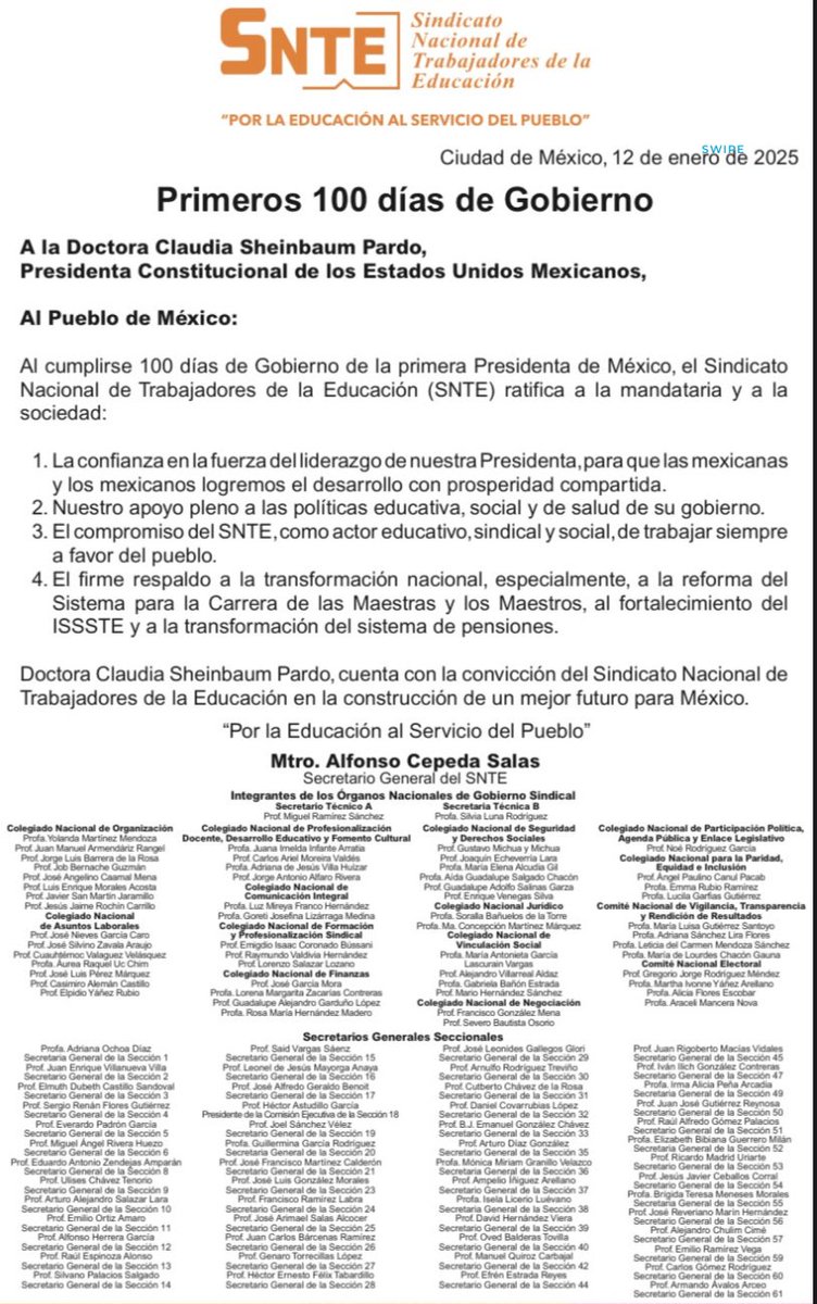 A #100DíasDeGobierno de <a href="/Claudiashein/">Claudia Sheinbaum Pardo</a>, el #SNTE ratifica su apoyo al liderazgo de la Presidenta de México en las políticas emprendidas a favor de la transformación nacional y, especialmente, en beneficio de los trabajadores de la educación.
👉 goo.su/PnlBSXV