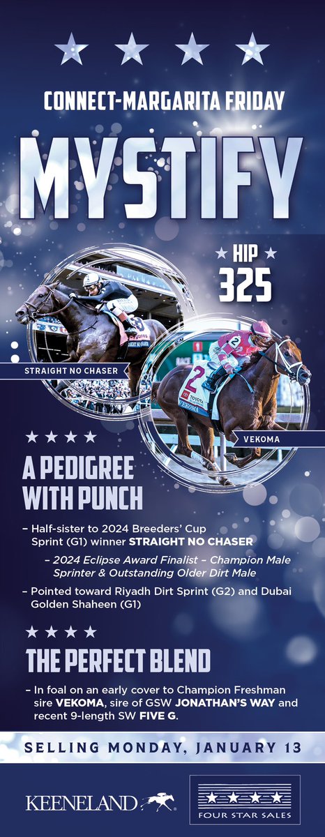 Four Star Sales (@fourstarsales) on Twitter photo A Pedigree with a Punch!
Mystify, 1/2 sis to ‘24 G1 <a href="/BreedersCup/">Breeders' Cup</a> Sprint winner & multiple Eclipse Awards finalist STRAIGHT NO CHASER, sells <a href="/keenelandsales/">Keeneland Sales</a> Jan as hip 325! She is IF on an EARLY cover to champ freshman sire VEKOMA-sire of GSW JONATHAN’S WAY & recent 9L SW FIVE G A Pedigree with a Punch!
Mystify, 1/2 sis to ‘24 G1 <a href="/BreedersCup/">Breeders' Cup</a> Sprint winner & multiple Eclipse Awards finalist STRAIGHT NO CHASER, sells <a href="/keenelandsales/">Keeneland Sales</a> Jan as hip 325! She is IF on an EARLY cover to champ freshman sire VEKOMA-sire of GSW JONATHAN’S WAY & recent 9L SW FIVE G