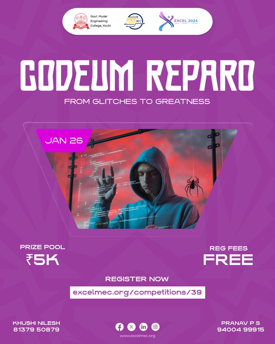 Get ready for Codeum Reparo, an adrenaline-pumping coding challenge brought to you by Excel 2024! If you have what it takes to debug and optimize, this is your moment to shine.

Register now at excelmec.org/competitions/39.
